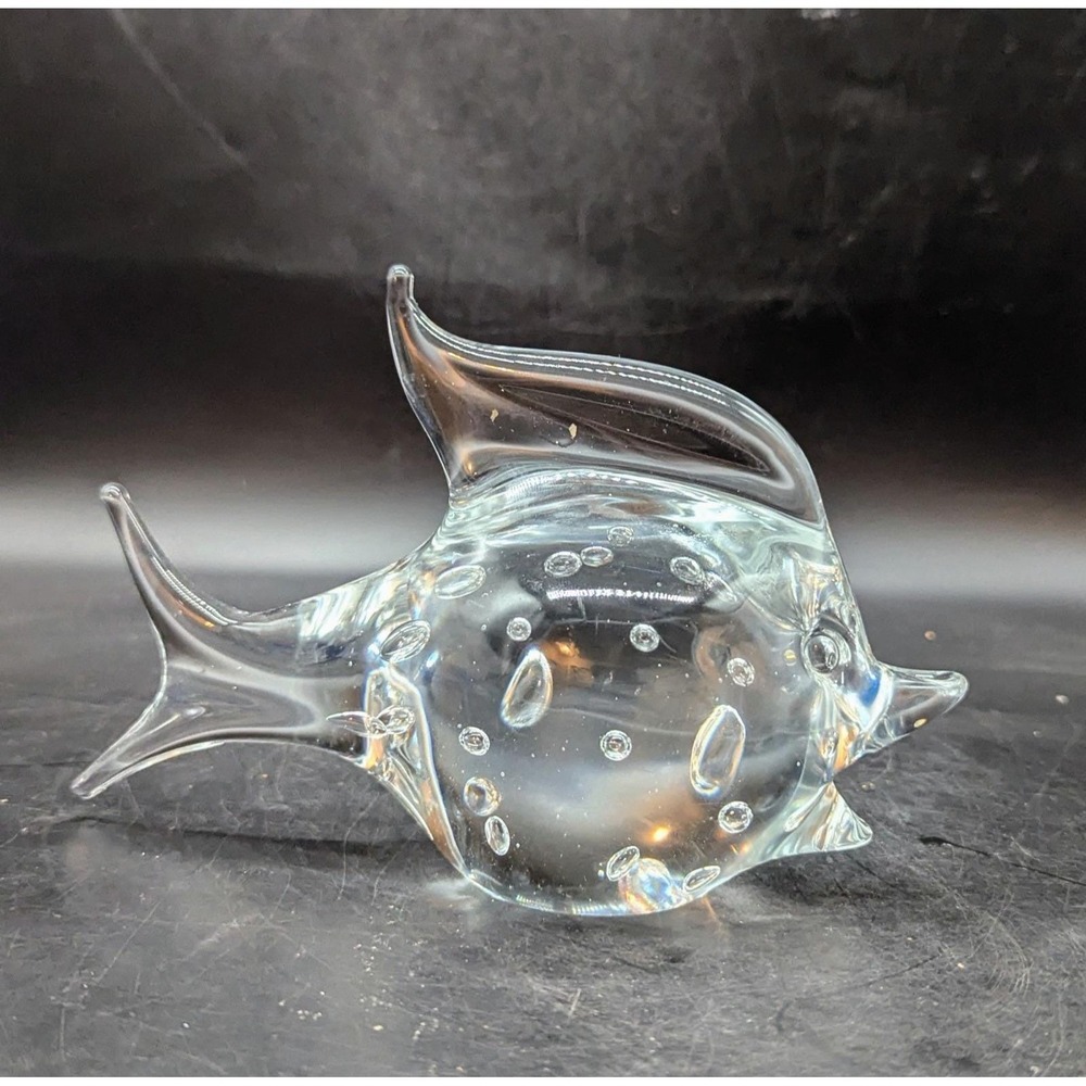 FM Konstglas Ronneby Sweden Clear Glass Fish Paperweight Bullicanti Bubbles 8"